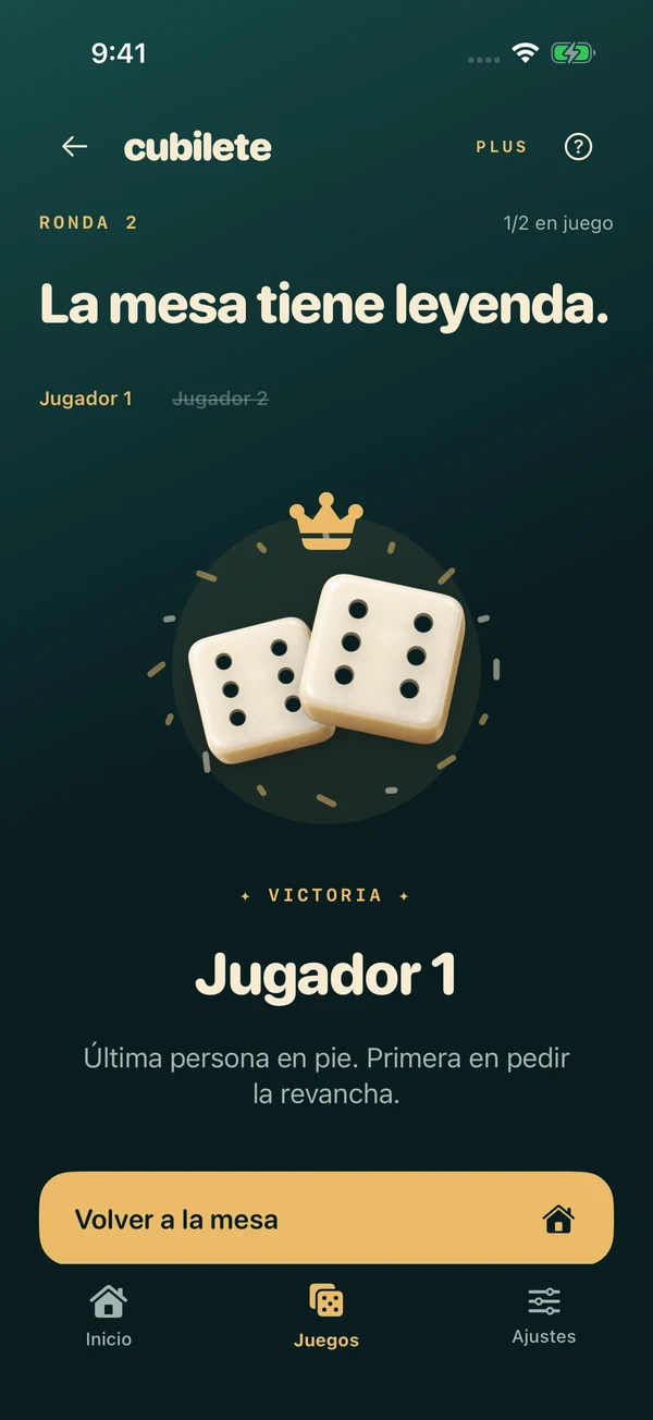 Pantalla de victoria de una partida de Cubilete